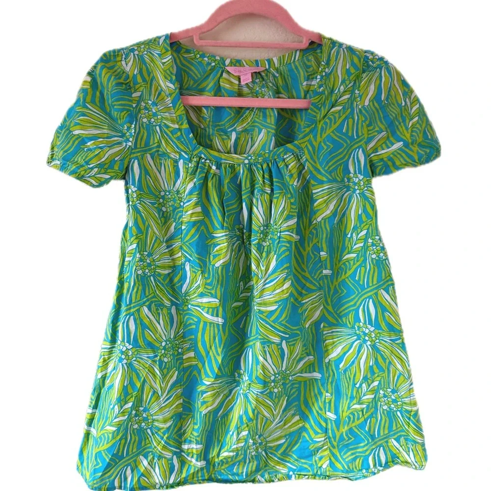 Lilly Pulitzer Women Short Sleeve Turquoise Green Paisley Print Blouse XS Resort